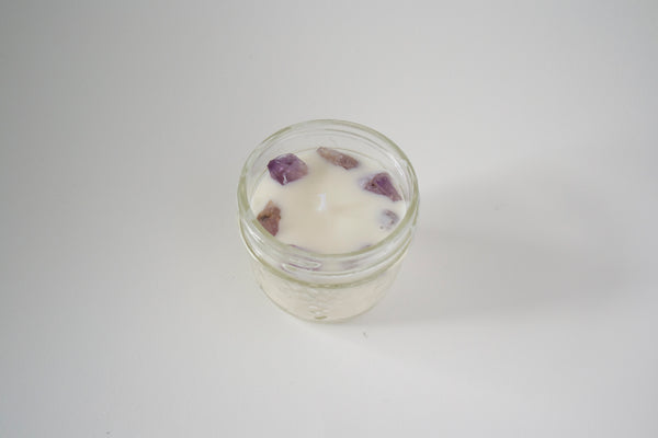 Artisanal Lavender Soy Candle topped with Amethysts
