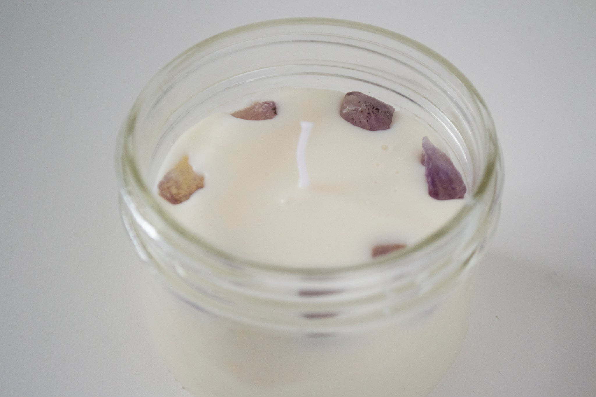 Artisanal Lavender Soy Candle topped with Amethysts