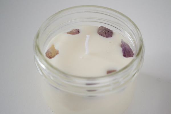 Artisanal Lavender Soy Candle topped with Amethysts